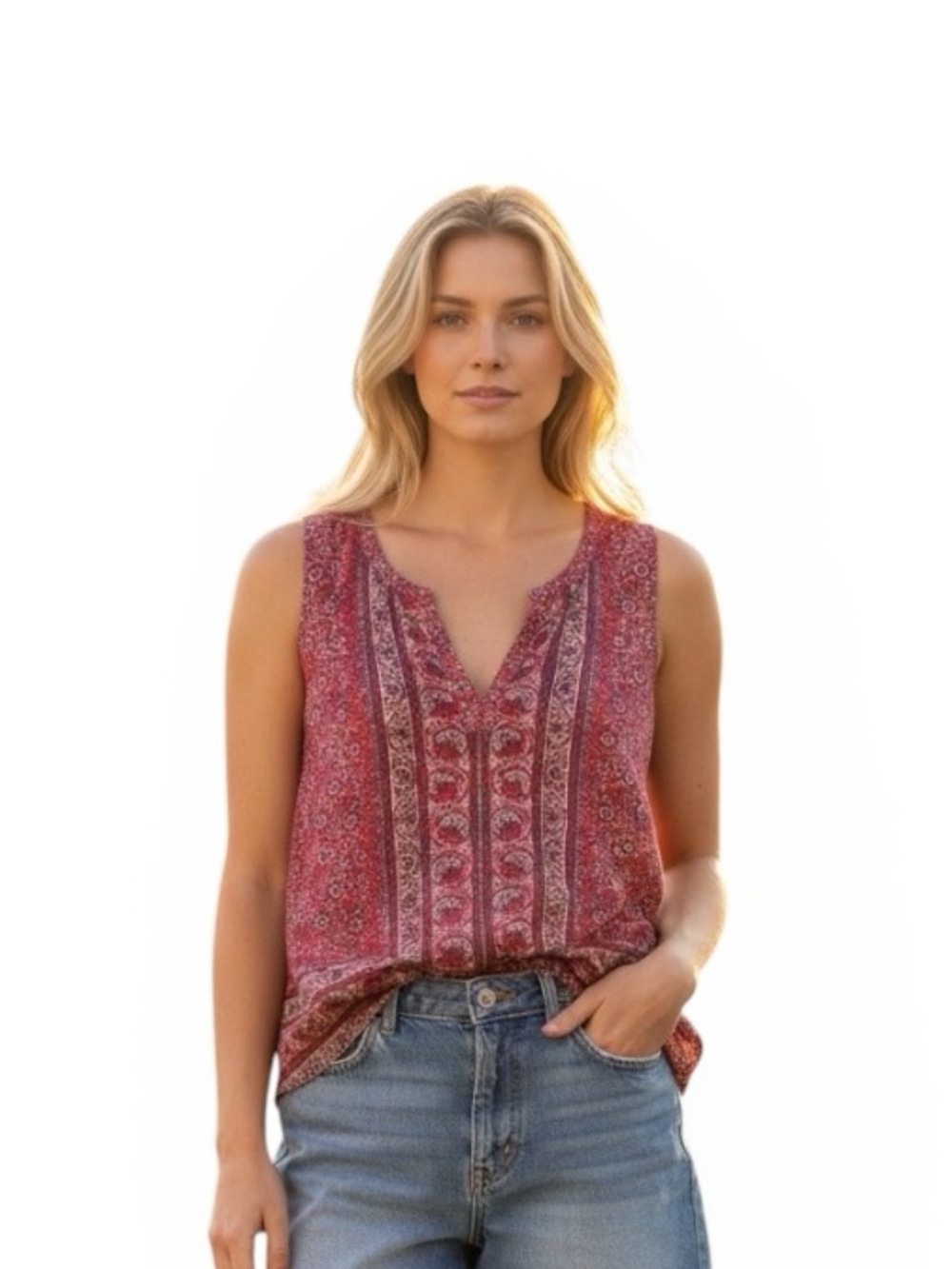 Lucky Brand Red Floral Print Boho Sleeveless Blouse Top